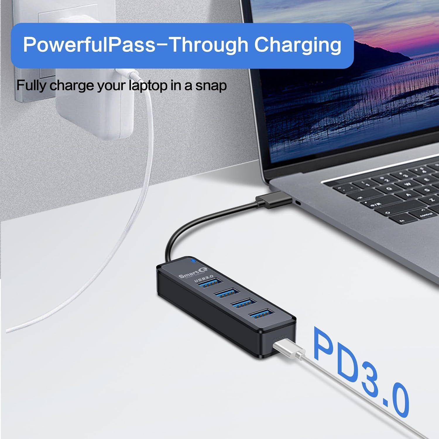 USB C Hub 4 Ports, USB C to USB Hub with 4 USB 3.0, Powered USB C Splitter for Laptop, Macbook Pro, Imac, Ipad Pro, Chromebook, Pixelbook, Galaxy S23, and More Type C Devices