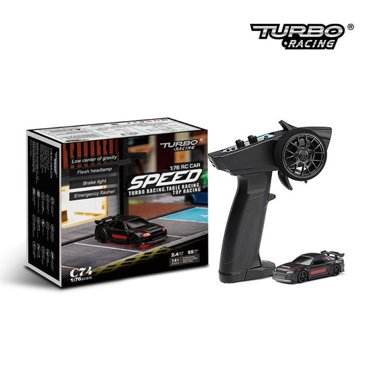 Turbo Ready to Run 1:76 Scale RC Sport Car Table Racing Remote Control Mini Model Car Mini Full Proportional RTR Kit Toys (C74-BK) Black